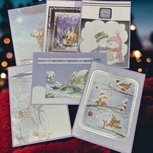 Handmade Christmas Cards with Envelopes Colorful Set of 6 Santa Birds Dog Purple